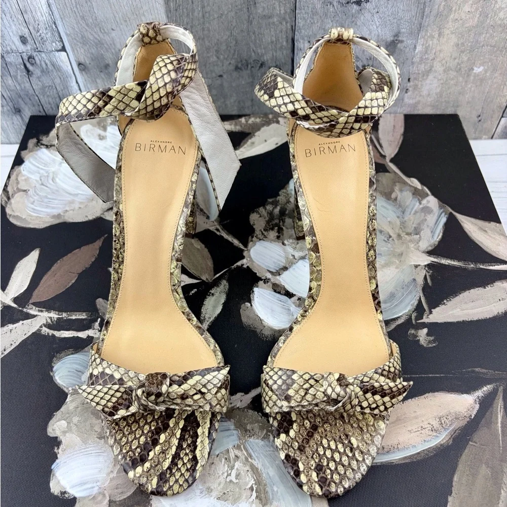 Alexandre Birman Clarita Leather Ankle-Tie Sandals in Snakeskin Size 9.